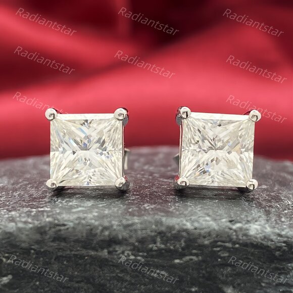 NEW Certified 4ct. t.w. Princess Cut Moissanite Stud Earrings - Picture 1 of 10